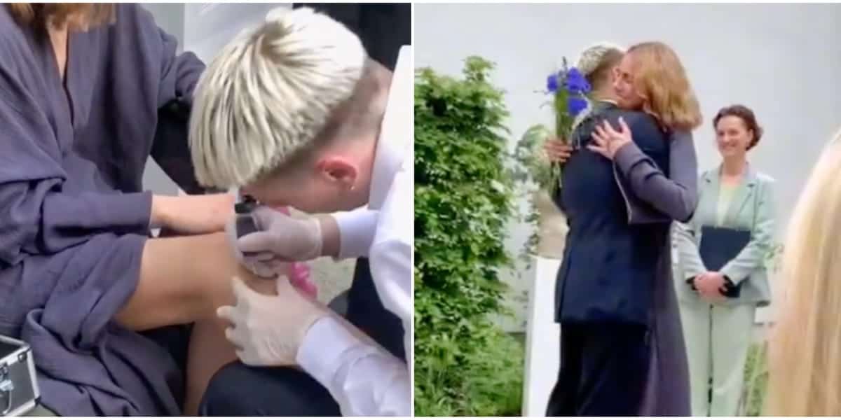 A bride and groom tattooed each other and their guests after exchanging vows during a non-traditional wedding ceremony in Lithuania