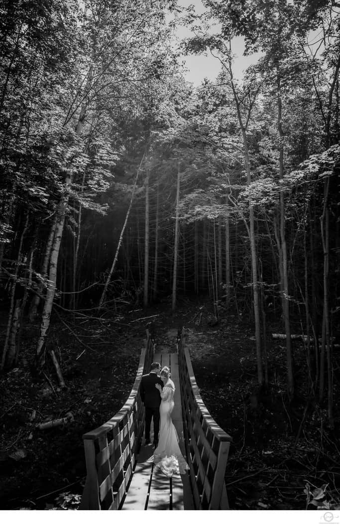 Bride Groom on Suspension Bridge Muskoka Wedding Ceremony - Collingwood Wedding Photographer - Frances Morency Photography